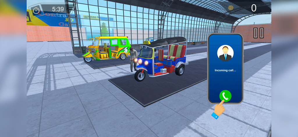 Gameplay screenshot of TukTuk Auto Rickshaw Taxi Game showing an incoming passenger call interface and colorful rickshaws in a garage