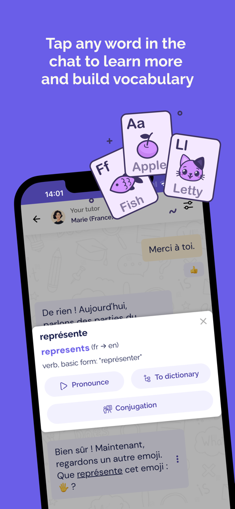 Lingolette app screen showing a dictionary popup for the word represente in a French conversation with translation and conjugation options