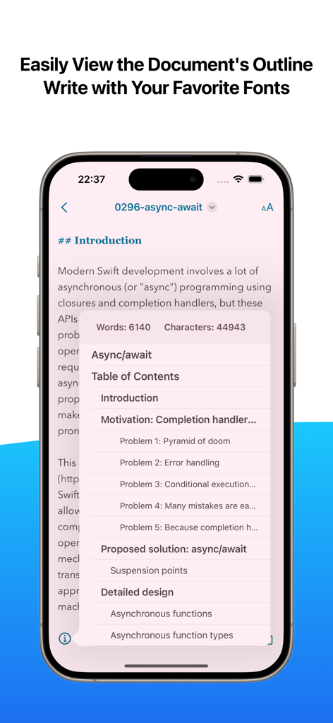One Markdown - One Markdown app interface showing the document outline and word count features on an iPhone