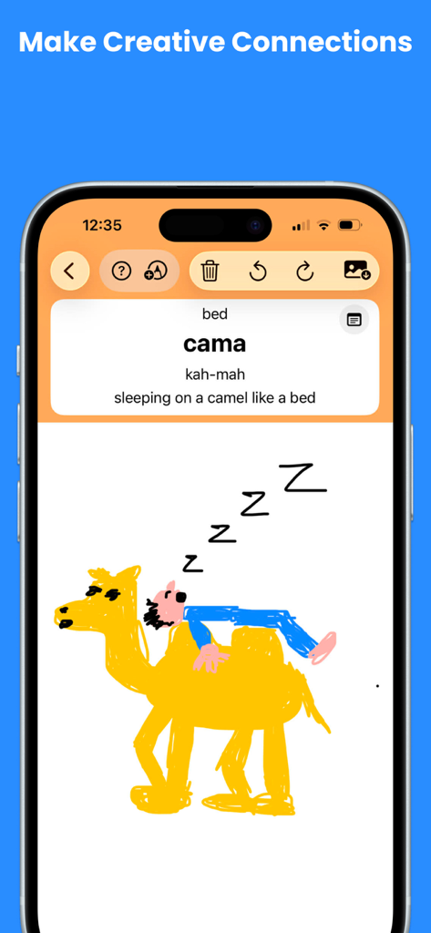 Drawn from Memory – Languages - Language learning app interface showing a mnemonic drawing of a person sleeping on a camel for the Spanish word cama