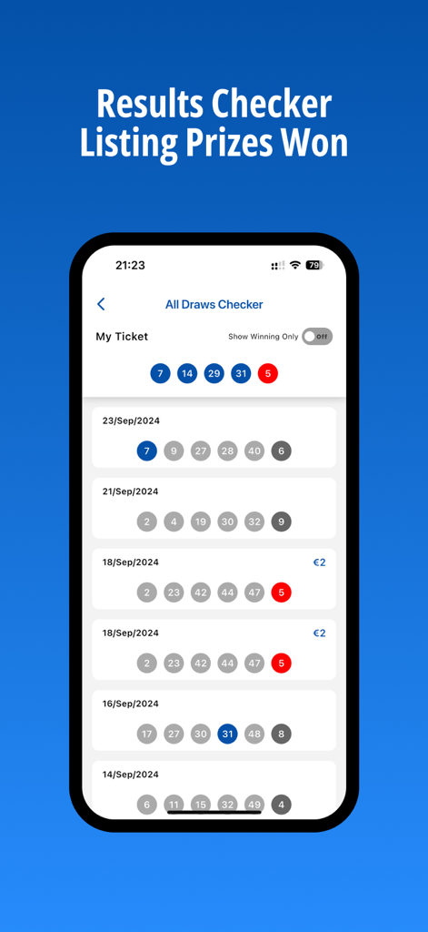 French LOTO - Mobile app screen showing the French LOTO results checker listing historical winning numbers and prizes won