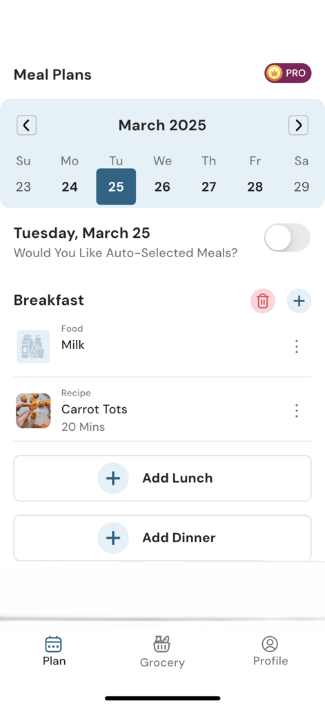 Little Eats - BLW Meal Planner - Daily meal planning screen in the Little Eats app showing a baby friendly breakfast plan with milk and carrot tots