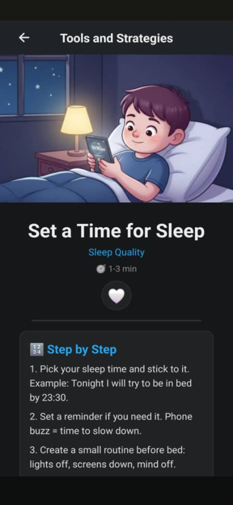 Interfaz de la aplicación WellBe que muestra una guía para establecer una rutina de sueño y hora de acostarse para mejorar la calidad del sueño.