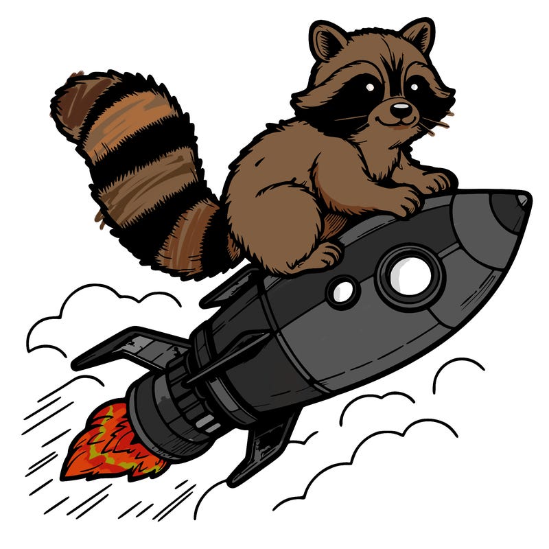 realistic raccoon flying on top rocket ship