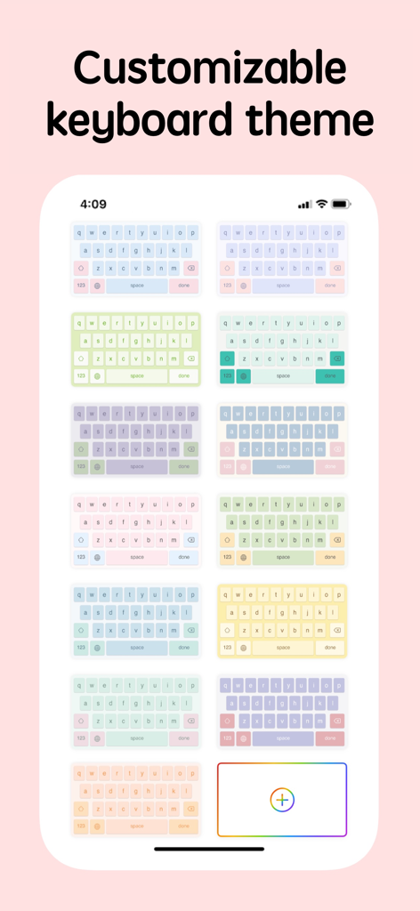 Fonts for iPhones - A collection of colorful pastel keyboard themes on an iPhone screen within the Fonts for iPhones app.