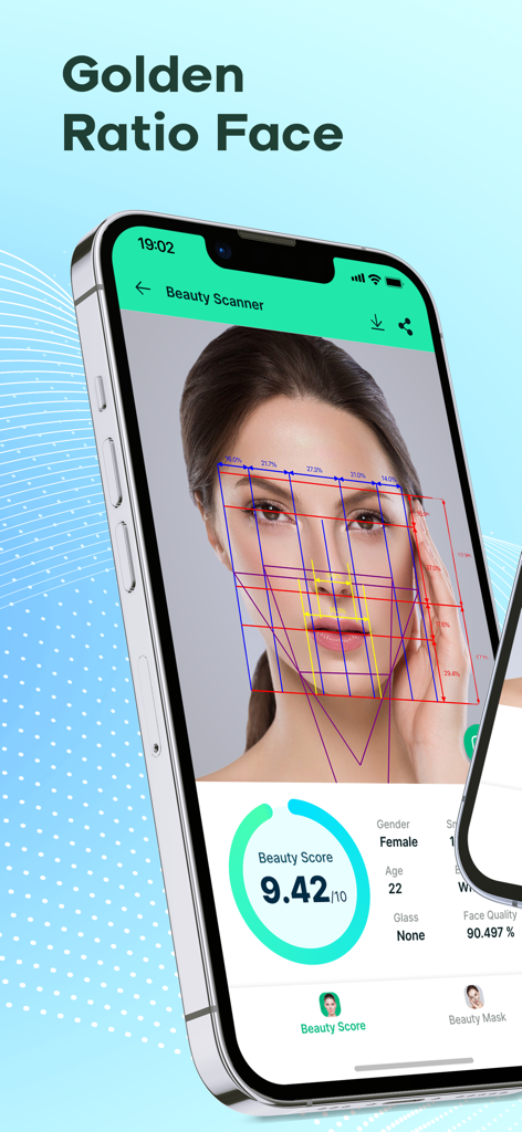 Schermata dello smartphone che mostra l'app Beauty Scanner con una maschera del rapporto aureo su un volto femminile e un punteggio di bellezza di 9.42.