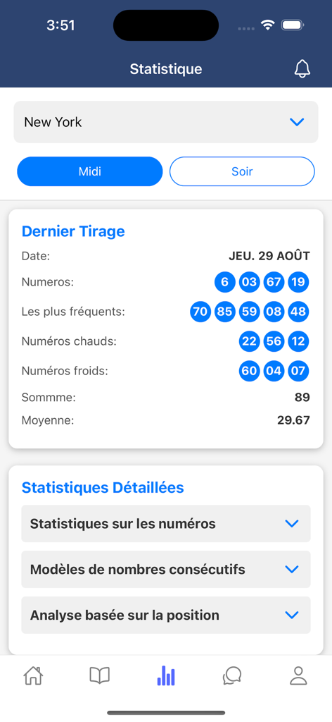 Boulpam - Bolet ak tchala w - Boulpam app statistics screen displaying New York lottery results and detailed number analysis