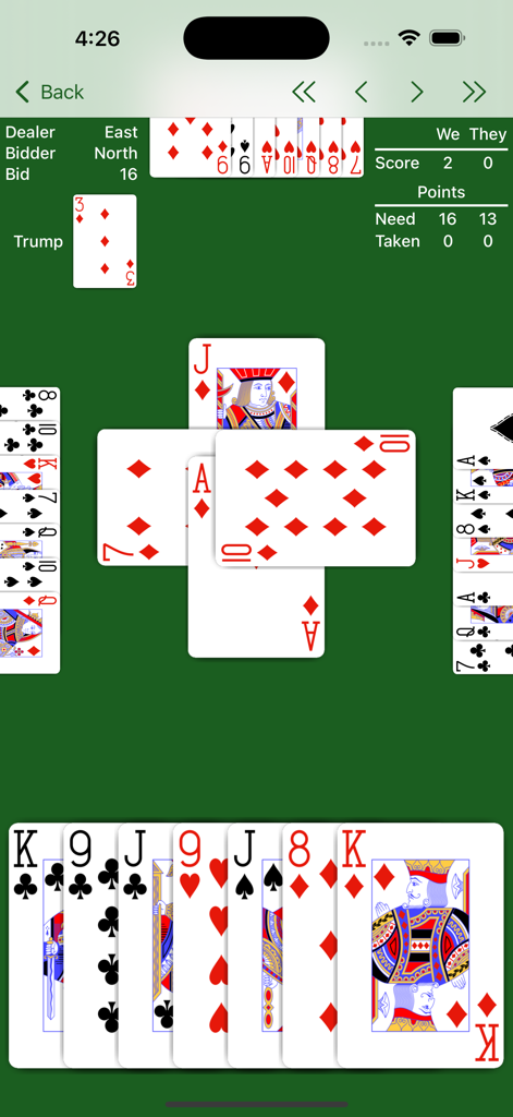 Pantalla de juego de 29 Card Game mostrando una mesa de cartas y la mano del jugador