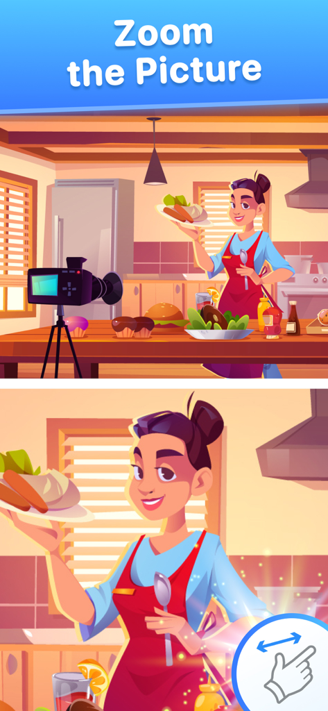 A screenshot showing the zoom feature in a find the difference puzzle game with a kitchen scene.