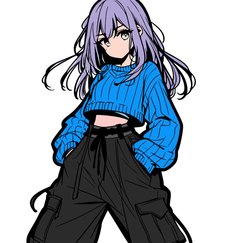 anime teen girl with baggy pants and crop top with sweater