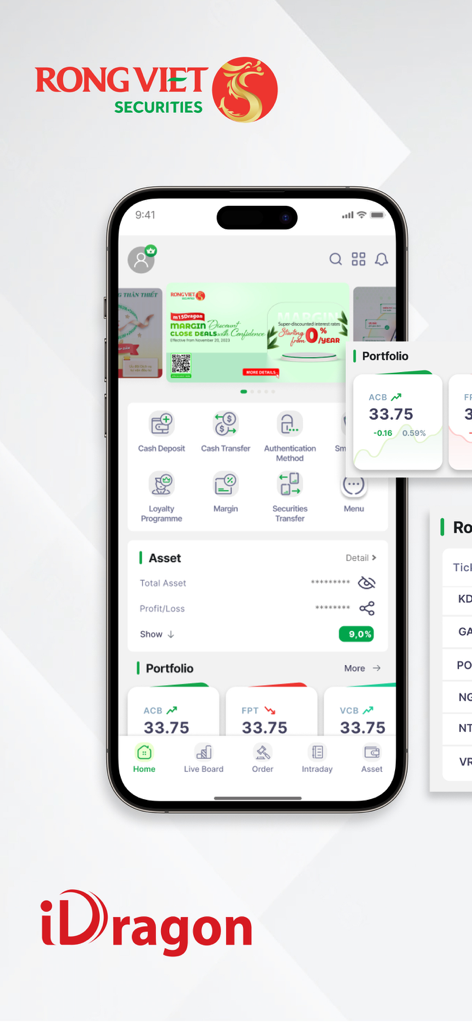 Pantalla de inicio de la aplicación de trading de acciones iDragon que muestra la gestión de activos del portafolio de acciones y herramientas de trading financiero