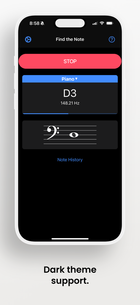 Find the Note - Find the Note app interface showing a detected D3 note and frequency in dark mode