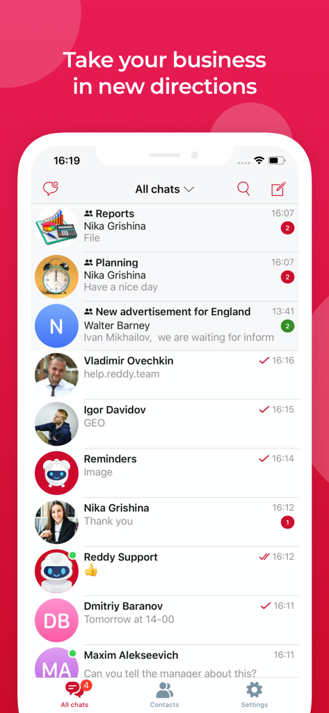 Reddy mobile app displaying a list of business chats and team communication