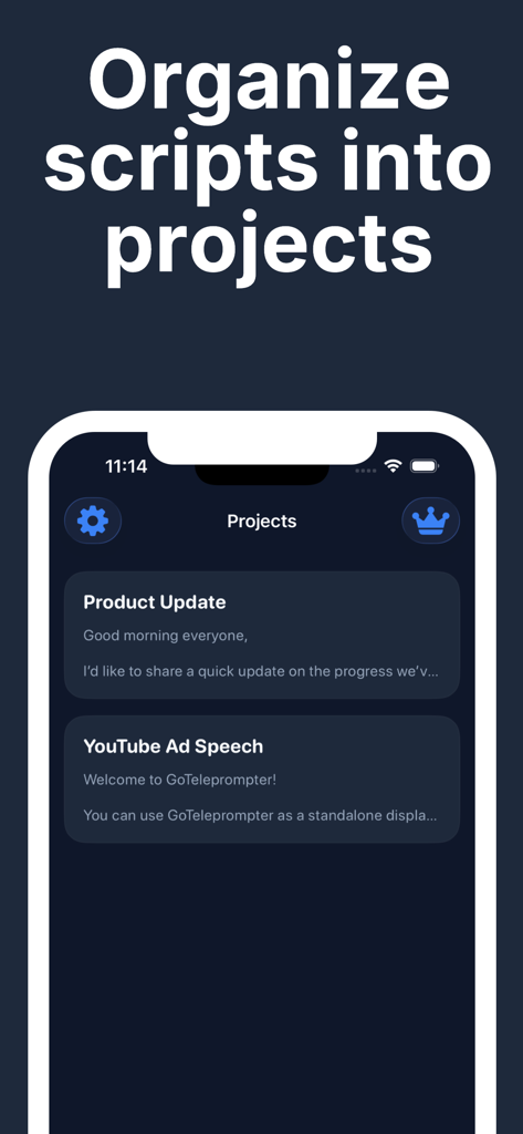 GoTeleprompter: Video Prompter - Dashboard for organizing video scripts into projects within the GoTeleprompter app