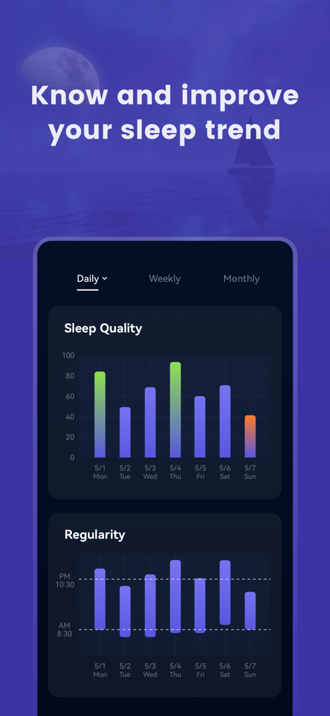 MooNite:Sleep Tracker &Record - MooNite Schlaftracker-App mit Graphen zur Schlafqualität und -regelmäßigkeit