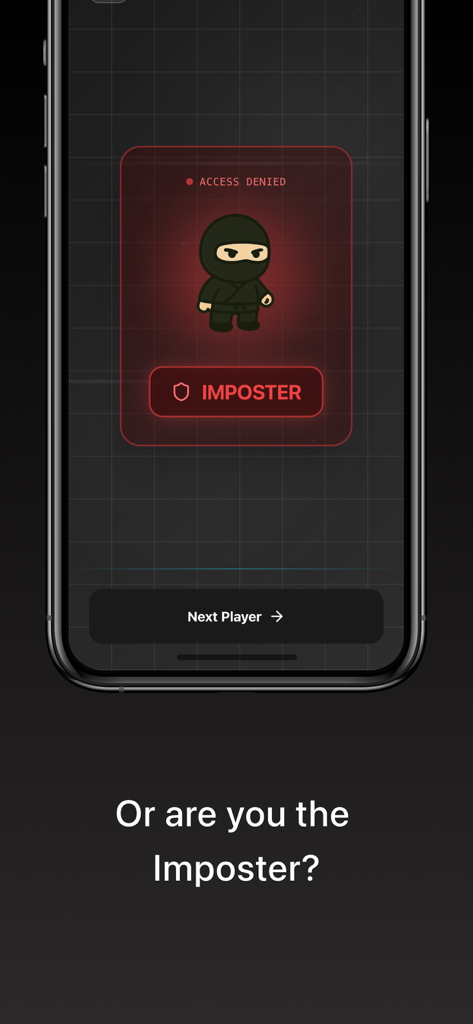imposter.ai - imposter.aiアプリで、忍者キャラクターが表示されたインポスターの役割を示す携帯電話の画面