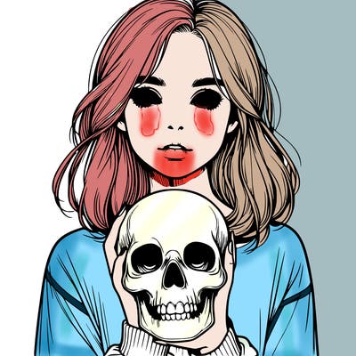 realistic girl holding a skull