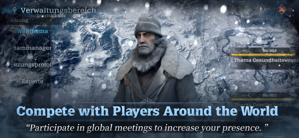 A leader character in winter gear stands before a snowy landscape with text about global competition in Frostpunk Beyond the Ice
