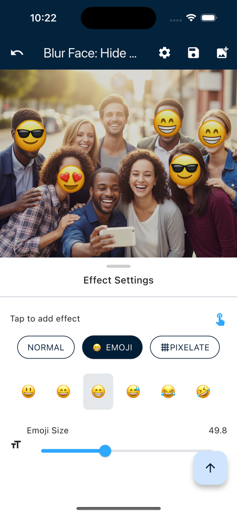 A group photo with several faces censored using yellow emoji stickers within the Blur Face Editor tool interface