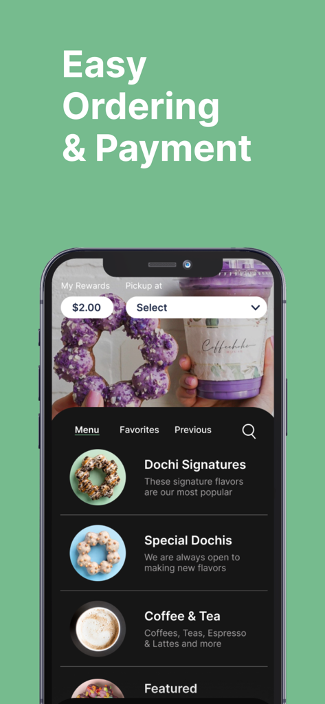 Dochi Cafe - Interfaz de la aplicación Dochi Cafe que muestra categorías de menú para mochi donuts y café con el titular Pedido y Pago Fácil
