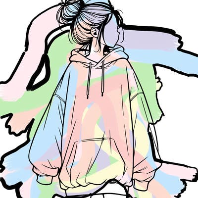 realistic girl with a oversized sweatshirt on and a bun