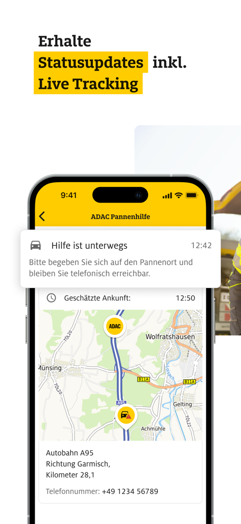 ADAC Pannenhilfe - ADAC app interface displaying a real-time map for roadside assistance tracking and arrival status