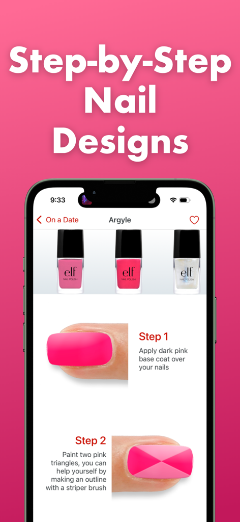 Nail Designs - Manicures & Art - Mobile app interface showing a step-by-step tutorial for a pink argyle nail design