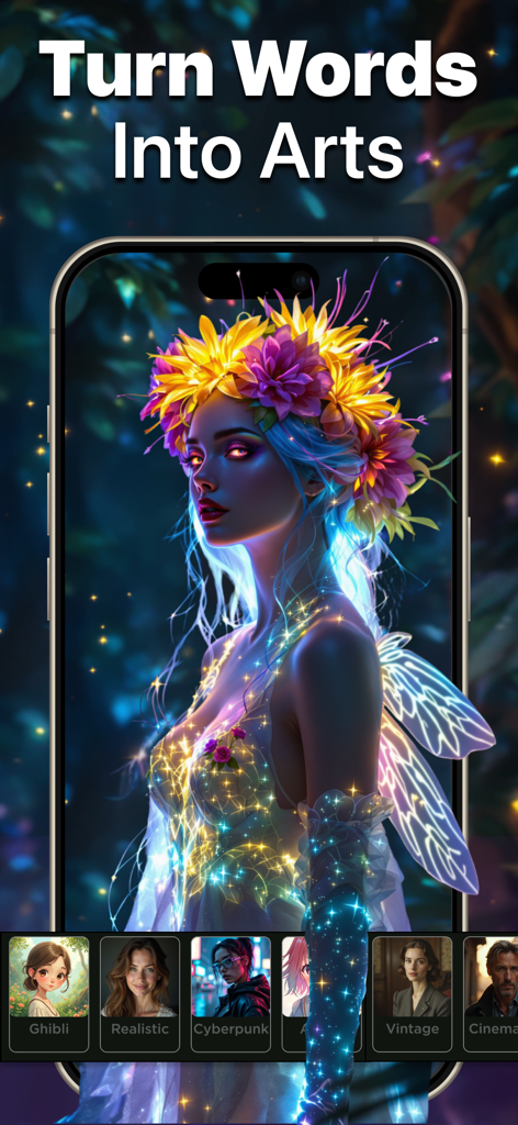 Reface AI: Swap Face & Photo - Eine mobile App-Oberfläche, die eine leuchtende, von KI generierte Fee mit Optionen für verschiedene künstlerische Filter wie Ghibli und Cyberpunk anzeigt.