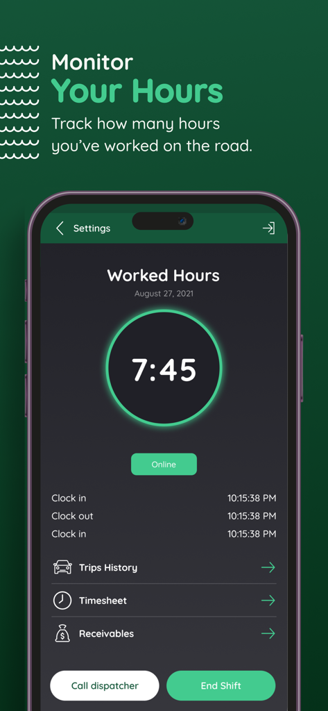 Bento Driver - Cayman - Interface do aplicativo Bento Driver mostrando o rastreamento de horas trabalhadas e detalhes do turno