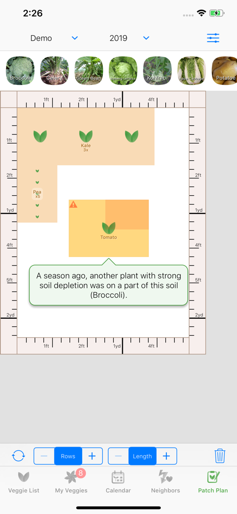 Interface de l'application Veggie Garden Planner montrant un aménagement visuel de jardin avec un message d'alerte d'épuisement des sols
