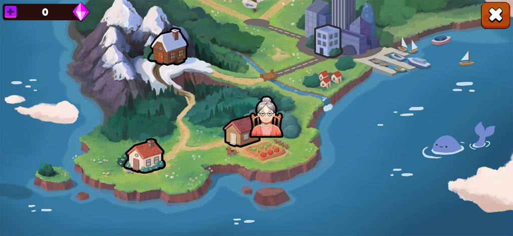 Comfy Girl - Cute & Aesthetic - An illustrated game map showing various cozy locations including a farmhouse with Granny, a mountain cabin, and a city harbor.