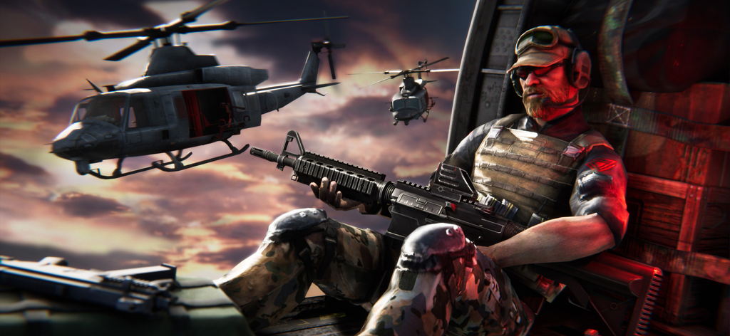 BattleStrike Commando Gun Game - Soldado comando con rifle en un helicóptero militar durante una misión aérea.