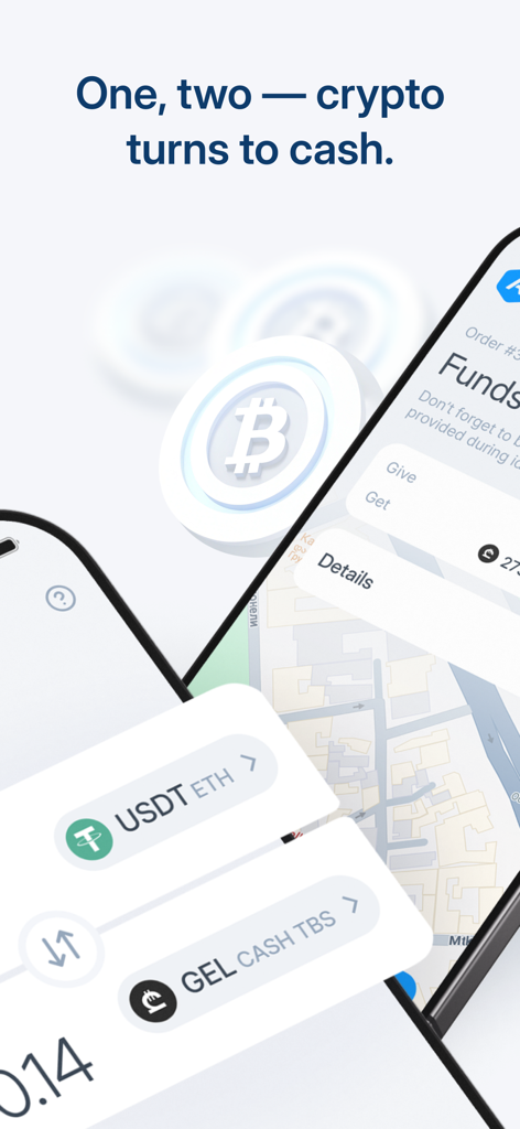 Aplicación móvil AllTrust.me mostrando la conversión de criptomonedas a efectivo en Georgia