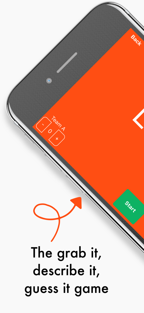 Outburst - Party Game - Pantalla de smartphone mostrando el juego de fiesta Outburst con el eslogan el agárralo descríbelo adivínalo juego