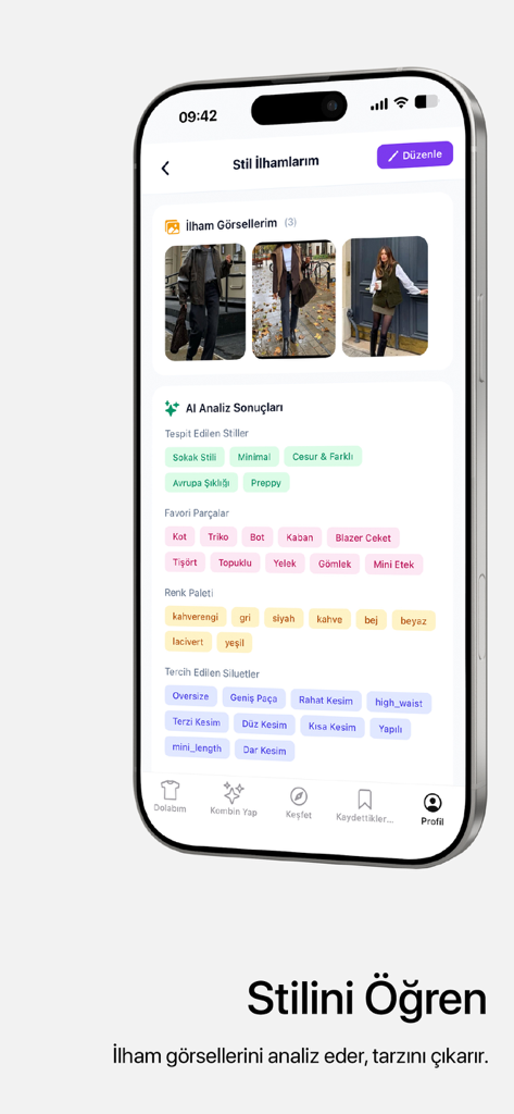 Sylora: AI Outfit Planner - Sylora app interface showing AI analysis of fashion inspiration images including style categories, color palettes, and clothing silhouettes