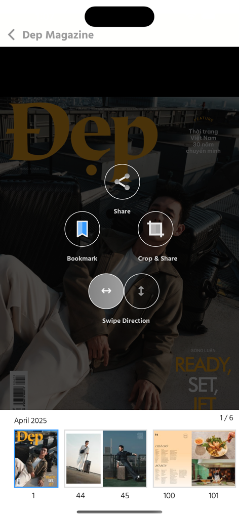 Digital reader view of Đẹp Magazine featuring sharing and bookmarking icons over a fashion cover