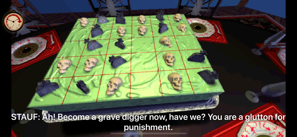 A bizarre grid-based puzzle in The 7th Guest Remastered featuring skull and tombstone pieces with a dialogue caption from Stauf
