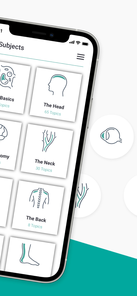 TeachMe Anatomy App-Oberfläche mit regionalen Lerngebieten, einschließlich Kopf, Hals und Rücken