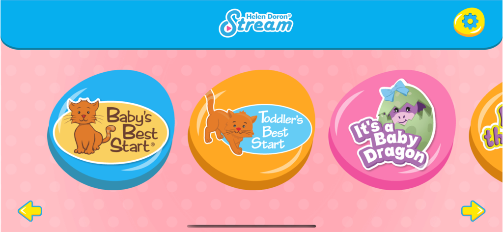 Main menu screen of Helen Doron Stream app featuring English learning courses for babies and toddlers