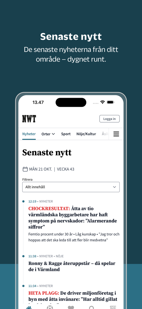 NWT - NWTニュースアプリのホームページ。最新のスウェーデンのローカルニュースヘッドラインが表示されています。