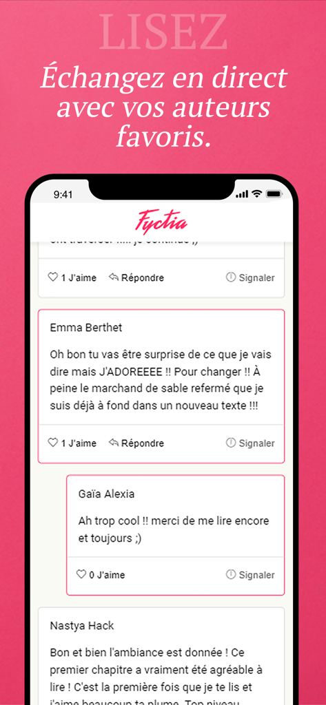 Fyctia - Interface showing direct interactions between readers and authors on the Fyctia app