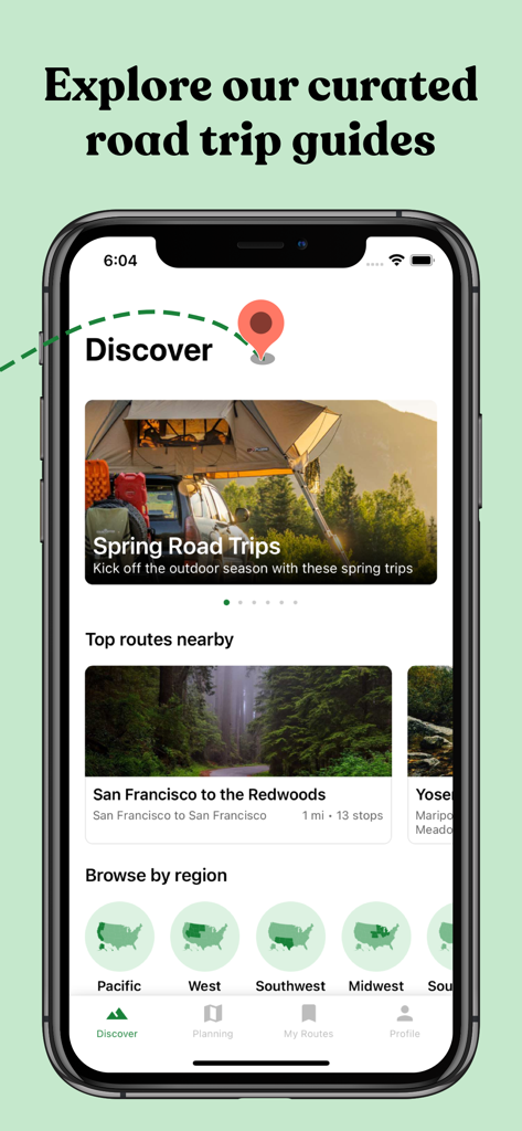 Roadie: Road Trip Planner & RV - Roadie app Discover screen featuring curated road trip guides and regional route browsing