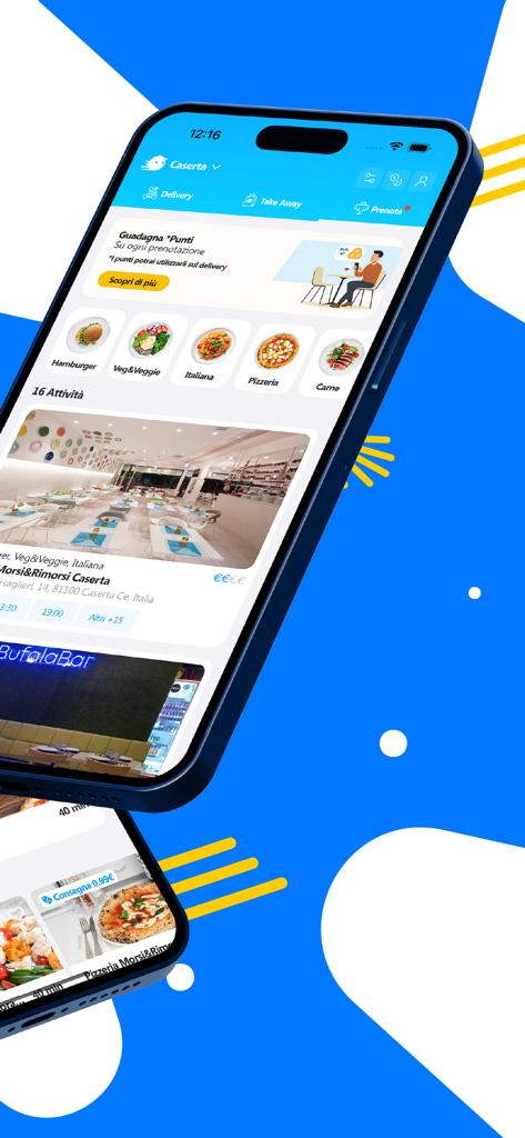 フードデリバリーやレストラン予約オプションが表示されたスマートフォンのAlfonsinoアプリインターフェース