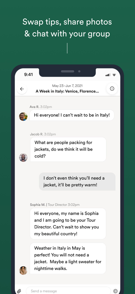 EF Go Ahead Tours - Group chat interface in the EF Go Ahead Tours app showing travelers and a tour director sharing tips for an Italy trip