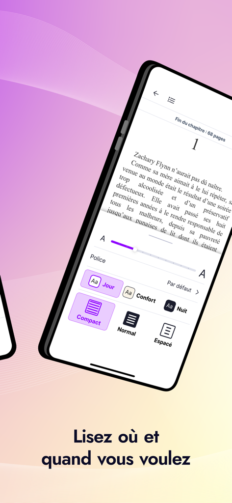 Hello Romance - Smartphone screen showing the Hello Romance app reading interface with customization options for font size and display modes.