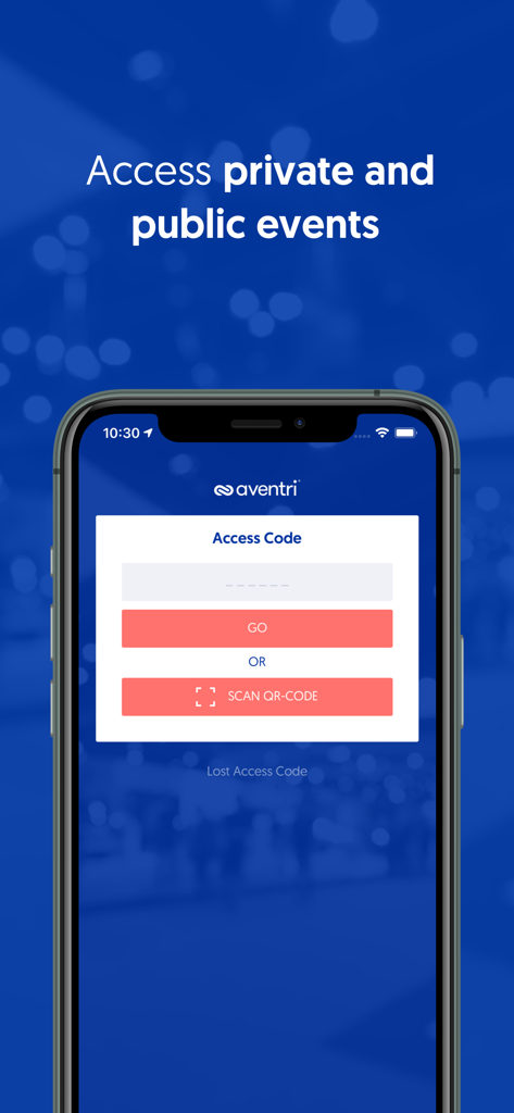 Aventri Events - Aventri Eventsアプリのインターフェース。イベント入場用のアクセスコード入力とQRコードスキャナーオプションを表示。