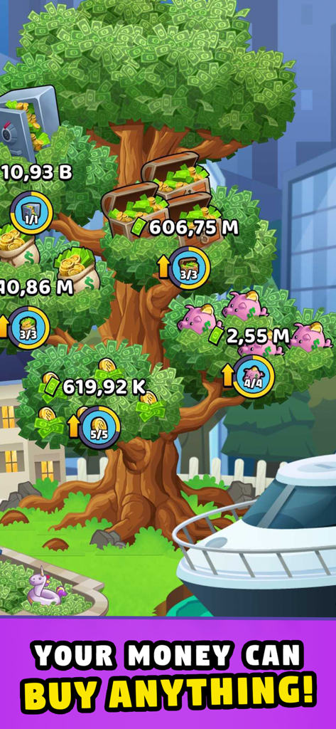 Money Tree 2: Business Tycoon - Gameplay screenshot of Money Tree 2 showing a tree filled with cash and a luxury yacht