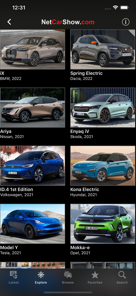 Una vista de cuadrícula de varios modelos de coches eléctricos como Tesla Model Y y BMW iX en la galería de la aplicación NetCarShow.