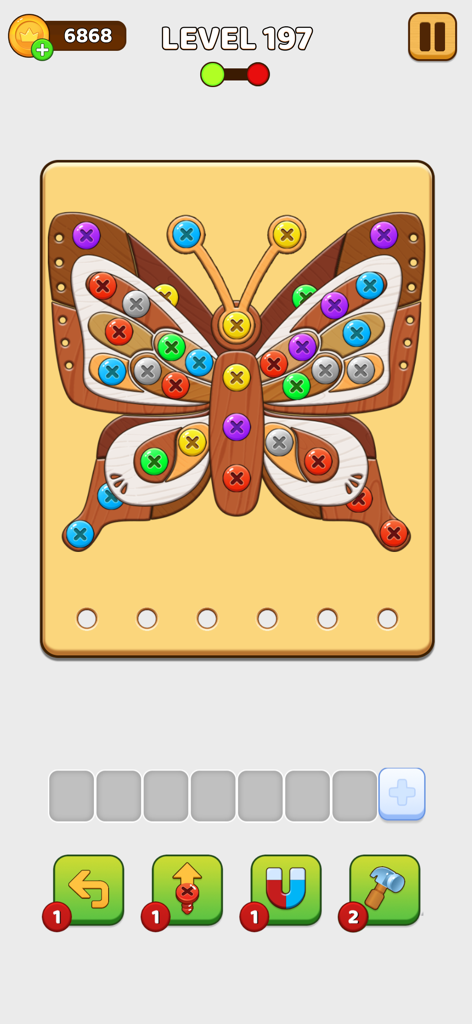 Niveau de puzzle papillon coloré dans le jeu Screw Color avec des écrous et des boulons