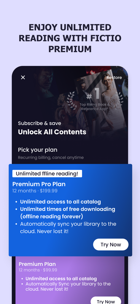 Fictio Premium subscription page with Premium Pro Plan details for unlimited novel access
